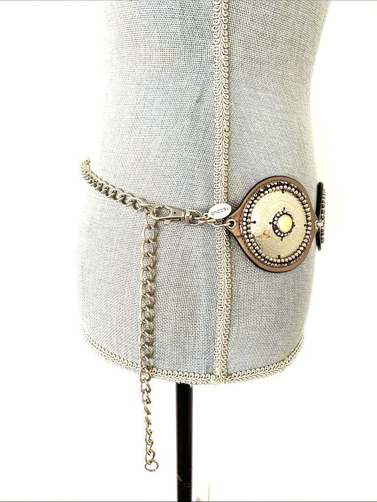 Chico\'s Medallion Runway Metal & Leather Belt OS Silver Tone Chains Boho Chic